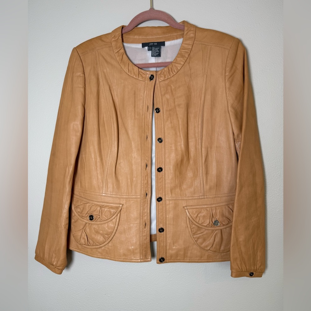 Per Se Camel Leather Jacket with Button Front
